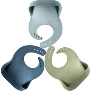 Silicone Baby Bibs Set of 3, Adjustable & Dishwasher Safe, Easy Clean Toddler Bibs with Food Catcher Pocket
