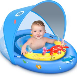 Baby Pool Float with Canopy UPF50+, 120?Adjustable Sun Protection and Anti-Tip Safety Seat, Inflatable Toddler Floaties Infant Pool Float with Animal Pool Toys, Baby Beach Essentials for 6-36M