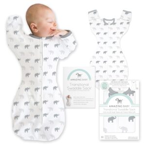 Amazing Baby Transitional Swaddle Sack with Arms Up Half-Length Sleeves and Mitten Cuffs, Medium, 3-6 months, 14-21 lbs, Tiny Elephants, Sterling (Arms Up Swaddle, Transition Swaddle Sleep Sack)