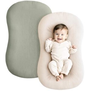 Konssy Muslin Baby Lounger Cover 2 Pack, 100% Cotton Newborn Lounger Cover, Soft and Breathable Baby Nest Slipcover for Boys Girls (Fog Green,Cream)