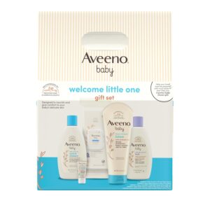 Aveeno Baby Welcome Little One Gift Set, Baby Essentials Set with Daily Moisture Wash and Shampoo, Calming Comfort Bath, Sensitive All Over Wipes, Body Lotion, & Healthy Start Balm, 5 Items