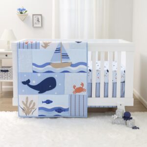 The Peanutshell 3 Piece Nautical Patch Baby Crib Bedding Set Boy, Baby Blanket Quilt, Fitted Crib Sheets for Boys, Navy & Blue Striped Crib Skirt Ocean Nursery Decor Boy