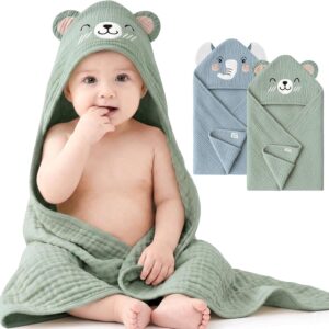 Konssy 2-Pack Muslin Baby Hooded Towels, 100% Cotton, Soft and Absorbent Baby Bath Towels for Newborn, Infant & Toddler with Animal Hooded Design(Elephant & Bear)