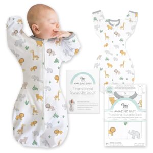 Amazing Baby Transitional Swaddle Sack, Arms Up Half-Length Sleeves & Mitten Cuffs, Swaddle for Newborn Transition to Baby Sleep Sack Wearable Blanket, Medium, 3-6 Month, 14-21 lb, On Safari